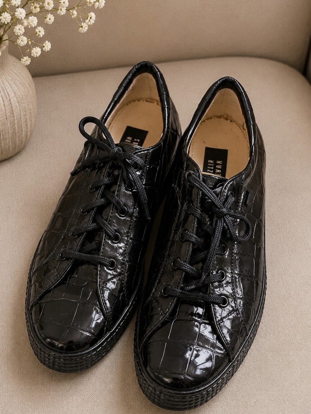 Authentic Stuart Weitzman Black Croc-Embossed Patent Leather Sneakers 8.5 Women